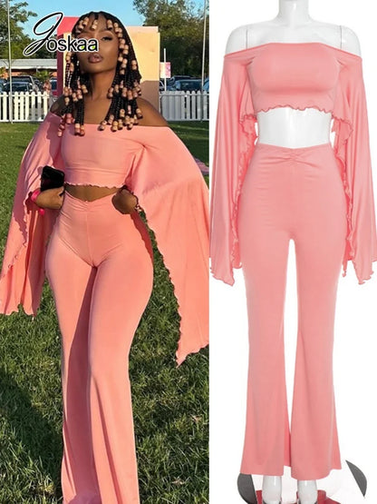 Women's Ruched Long Sleeve High Waist Wide Leg Two Piece Set - Women's Fashion Wholesale - Front View