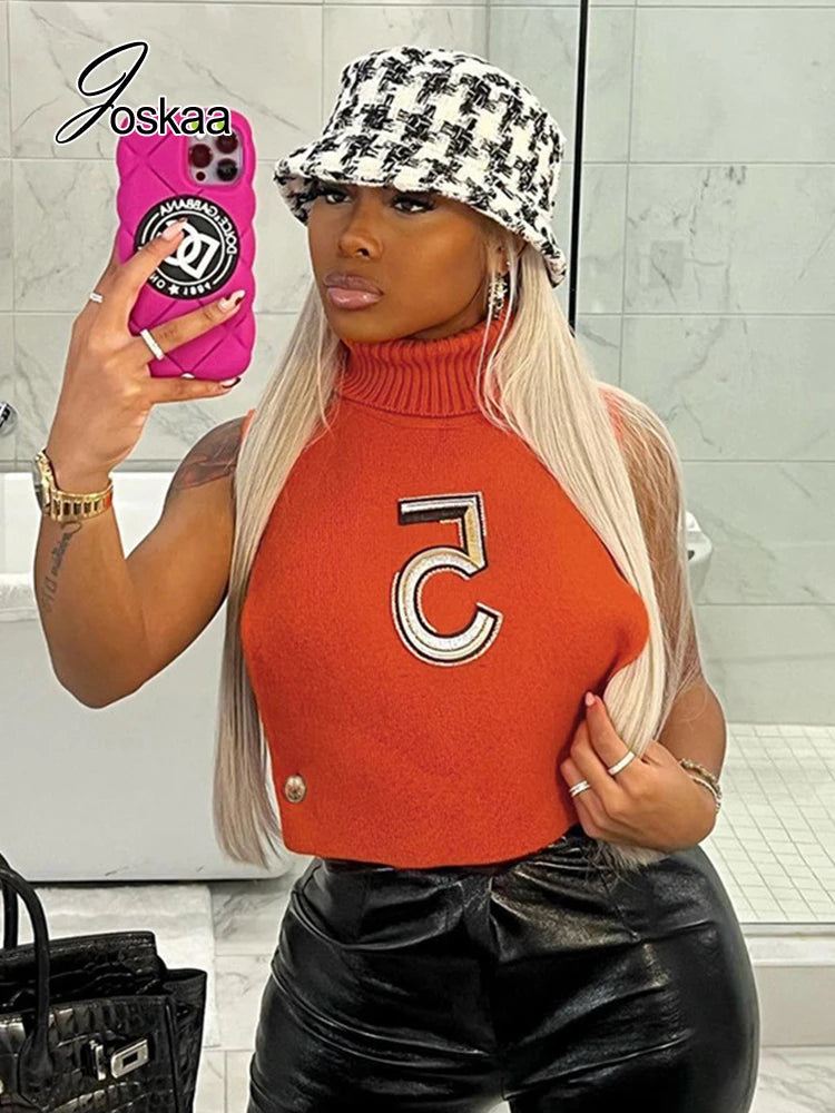 Women's Cutout Sleeveless Orange Turtleneck Pullover Top – Women's Fashion Wholesale – Front View
