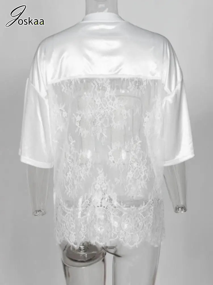 Women's Letter Print Lace Short Sleeve Top Black – Detail View
