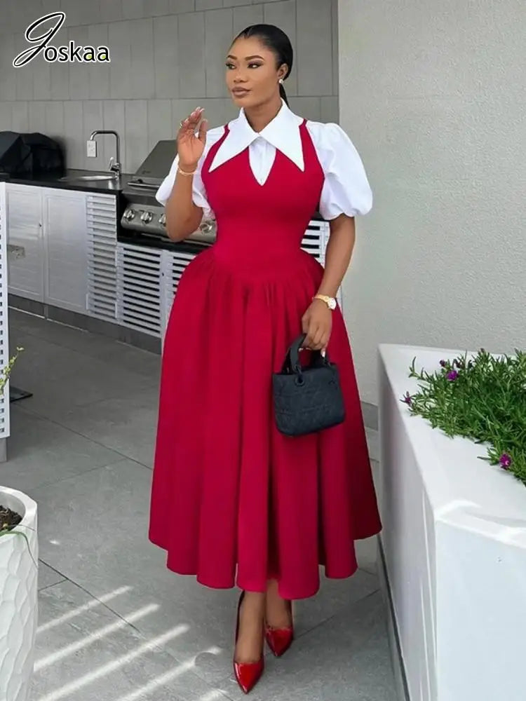 Women's Patchwork Lapel Short Maxi Dress Red – Front View