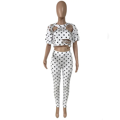 Women's Short Sleeve Polka Dot Cutout Two Piece Set - Detail View 6