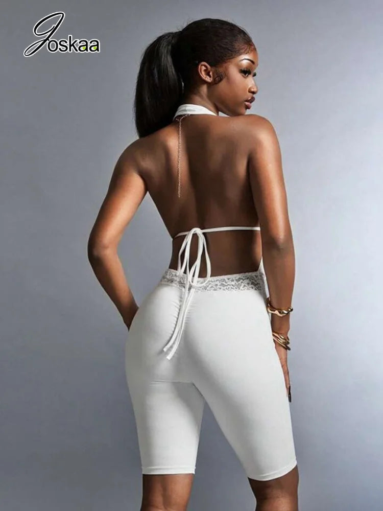 Women's Lace Backless Halter Sleeveless Romper Black – Front View
