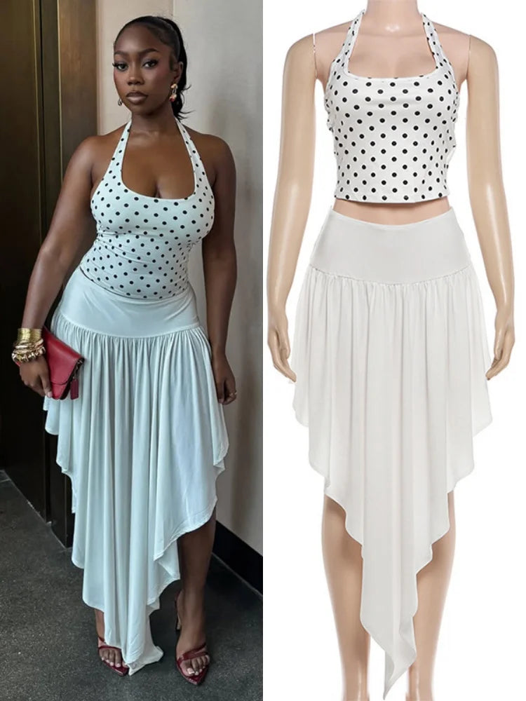 Women's Polka Dot Halter One Shoulder Two Piece Set - Additional View 8