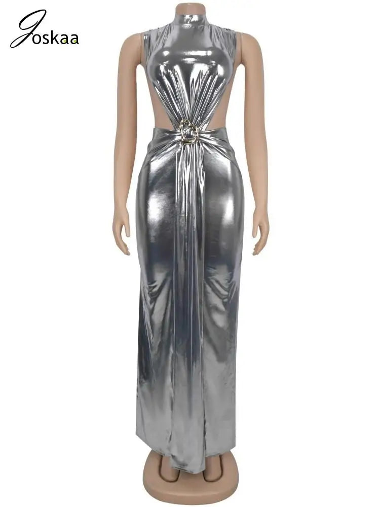 Wholesale Women's Ruched Sleeveless Bodycon Dress Silver – Back View
