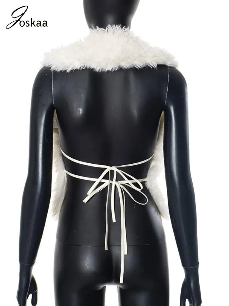 Women's Backless Halter Furry Vests Deep Jacket Apricot – Detail View