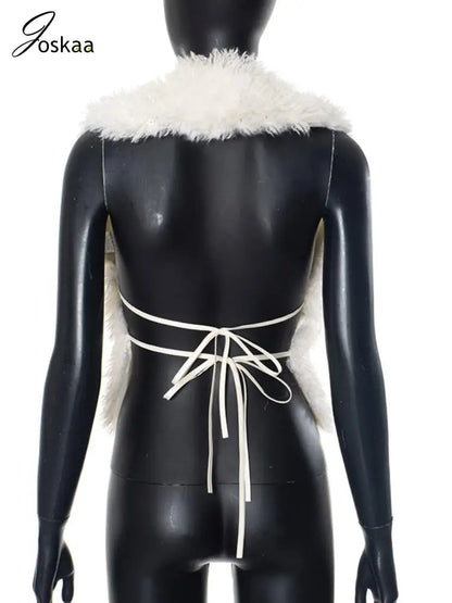 Women's Backless Halter Furry Vests Deep Jacket Apricot – Detail View