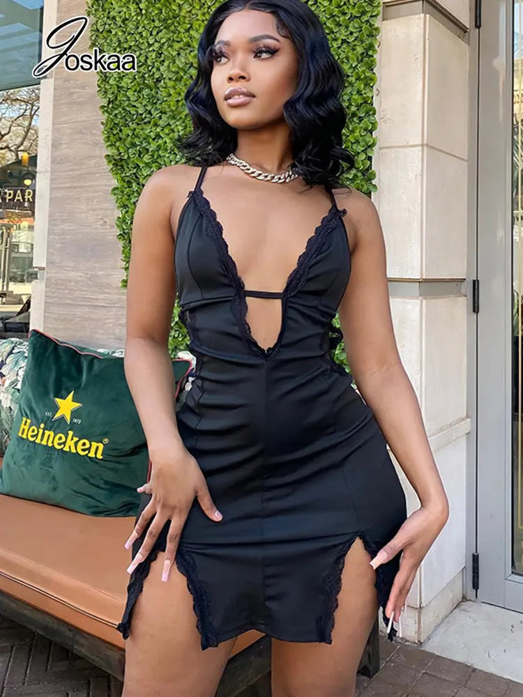 Women's Lace Backless Black Stitching Deep Mini Dress 193 – Front View