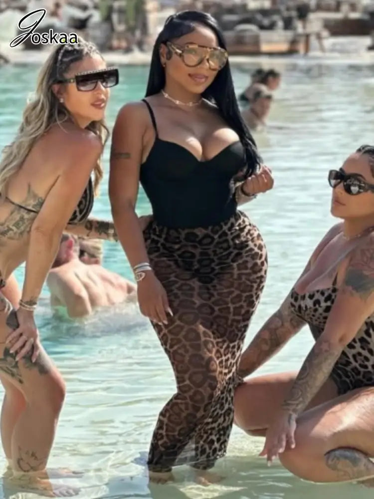Women's Leopard Print Two Piece Black Bikini Set Black Bodysuit – Front View