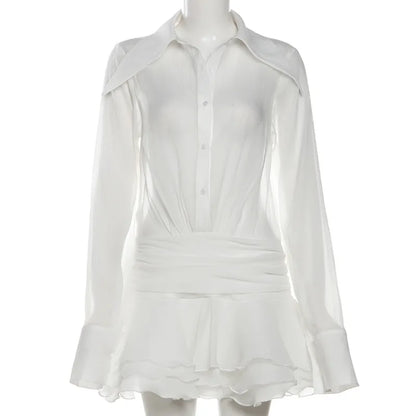 Women's Mesh Long Sleeve White Lapel Single Mini Dress