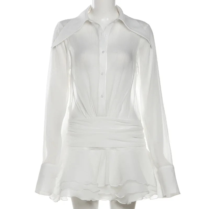 Women's Mesh Long Sleeve White Lapel Single Mini Dress