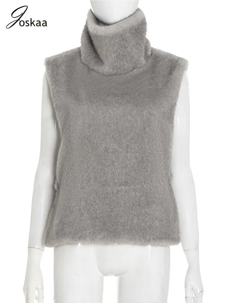 Women's Sleeveless Furry Vests High Jacket Gray – Back View
