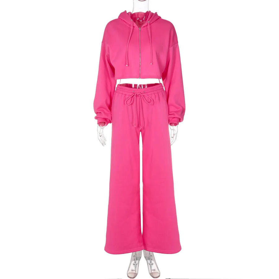Women's Long Sleeve Crop Zip Hooded Two Piece Set