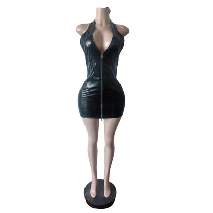 Joskaa Faux Leather Backless Halter Zip Up Mini Dress - mini dress image 5