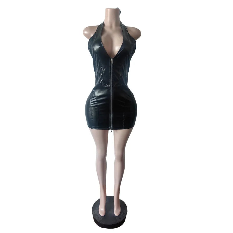 Joskaa Faux Leather Backless Halter Zip Up Mini Dress - mini dress image 5
