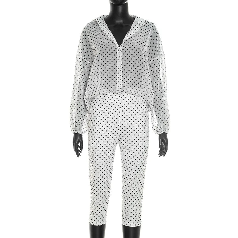 Women's Polka Dot Long Sleeve High Waist Two Piece Set Hipster - Detail View 8