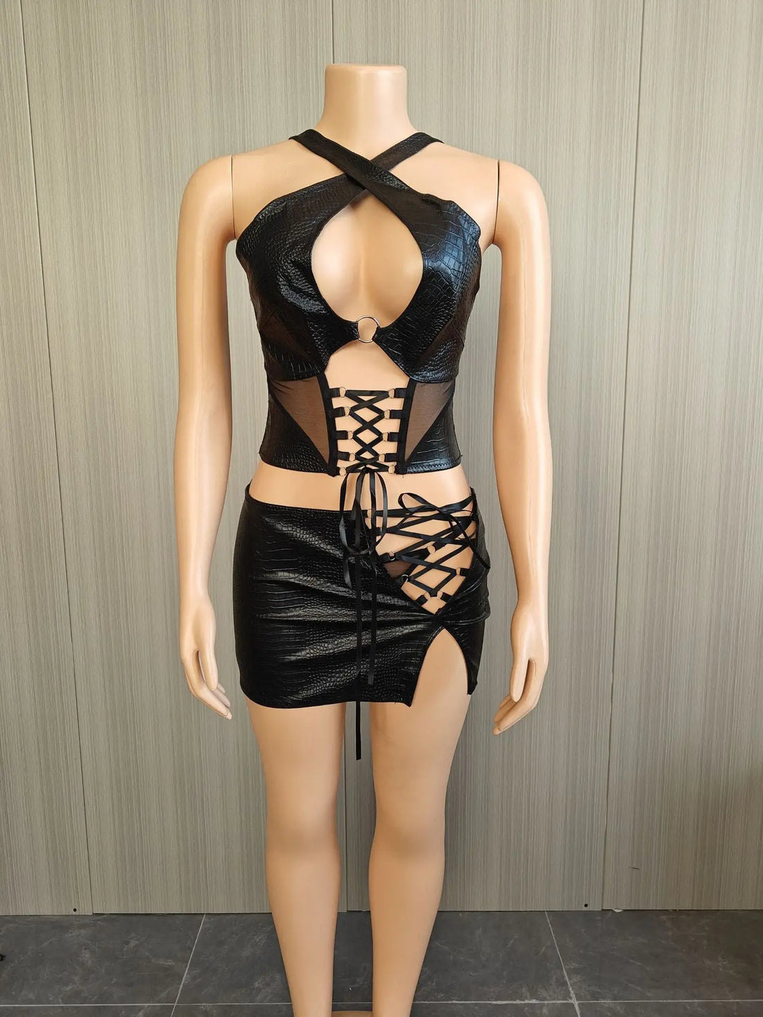Joskaa Mesh Halter Two Piece Set Bandage Patchwork Hollow - two piece set image 2