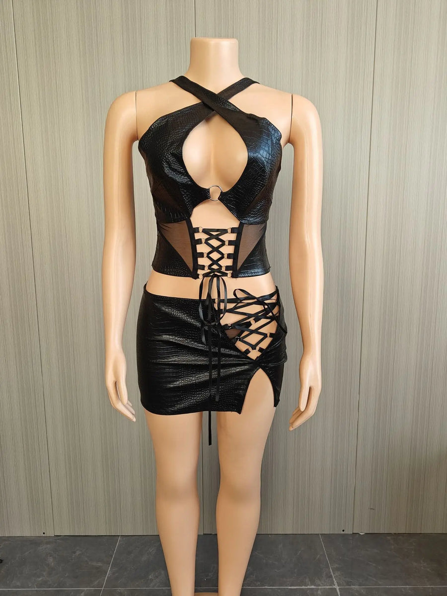 Joskaa Mesh Halter Two Piece Set Bandage Patchwork Hollow - two piece set image 2