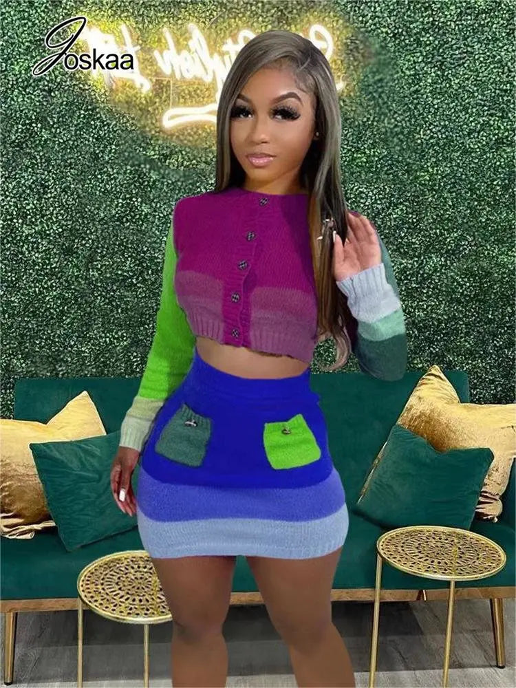 Women's Knit Long Sleeve Mini Two Piece Set red green – Side View
