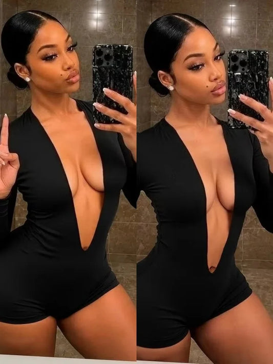Women's V-neck Long Sleeve Bodycon Romper - Women's Fashion Wholesale - Front View