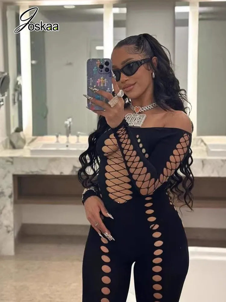 Women's Cutout Long Sleeve Bodycon Romper Black – Side View