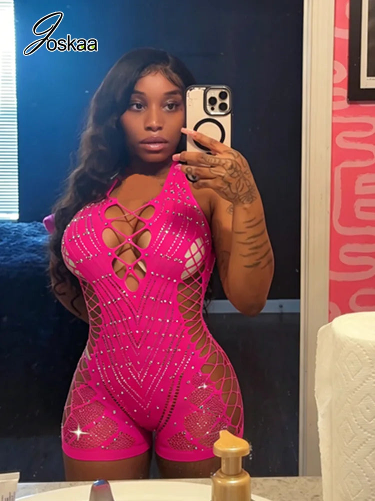 Women's Rhinestone Backless Cutout Romper Red – Back View