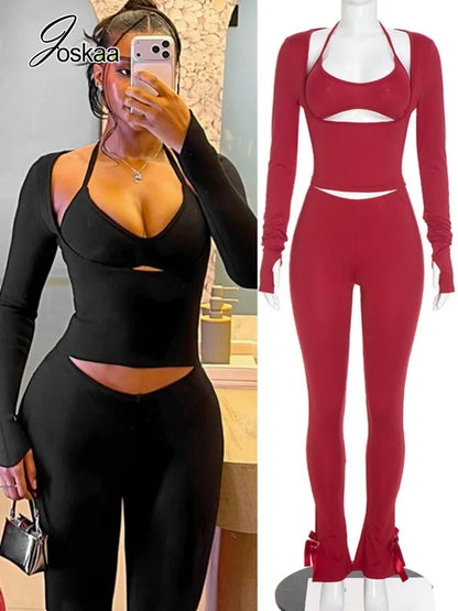 Women's Halter Strapless Long Sleeve Wide Leg Two Piece Set - Women's Fashion Wholesale - Front View