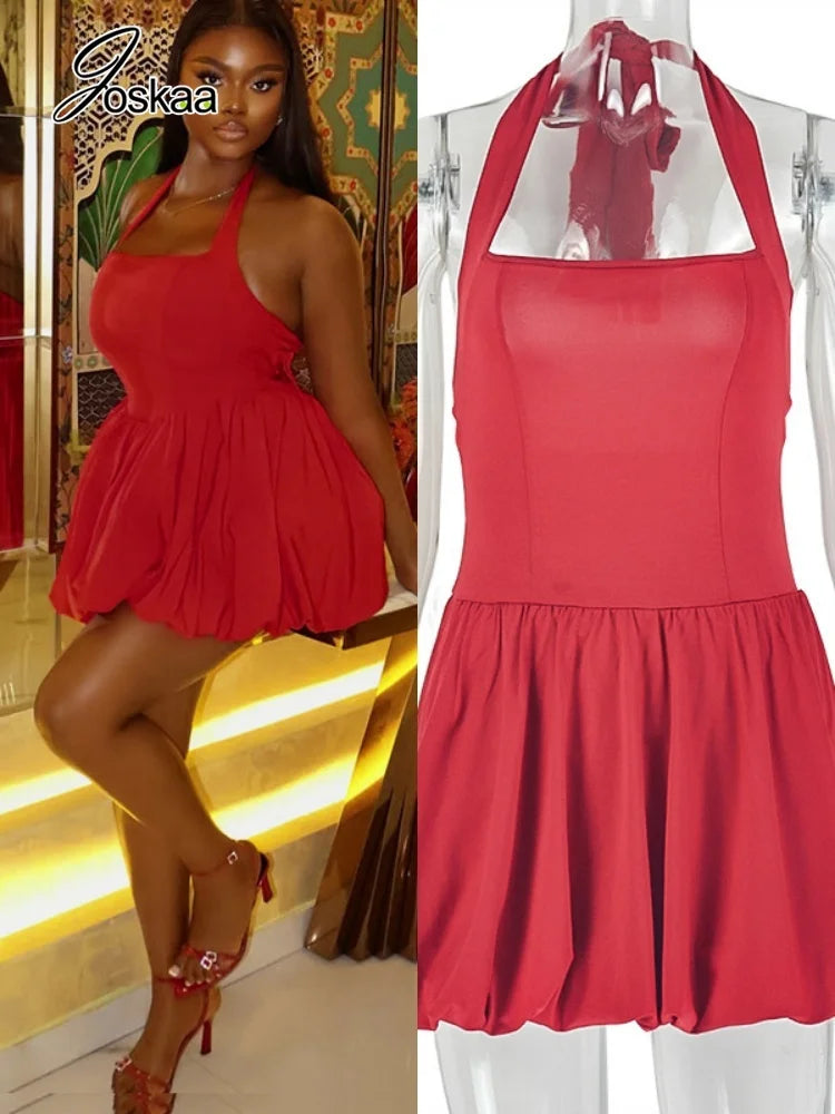 Women's Ruched Backless Halter Sleeveless Mini Dress - Women's Fashion Wholesale - Front View