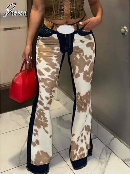 Women's Leopard Print Denim Flare Wide Leg Pants Camel – Front View