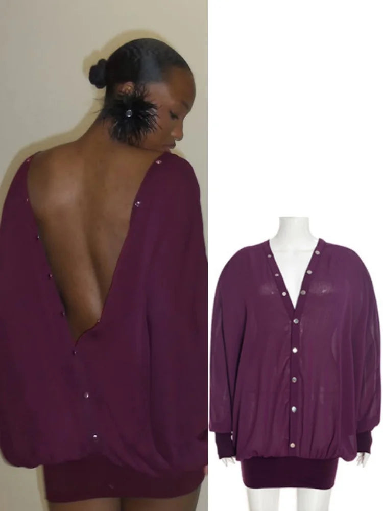 Women's Backless V-neck Long Sleeve Mini Dress - Additional View 8