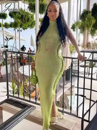 Women's Knit Ribbed Tassels Irregular Bodycon Dress White – Front View