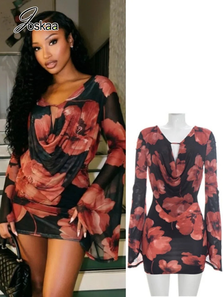Women's Floral Print Mesh Bodycon Wide Leg Mini Dress - Women's Fashion Wholesale - Front View