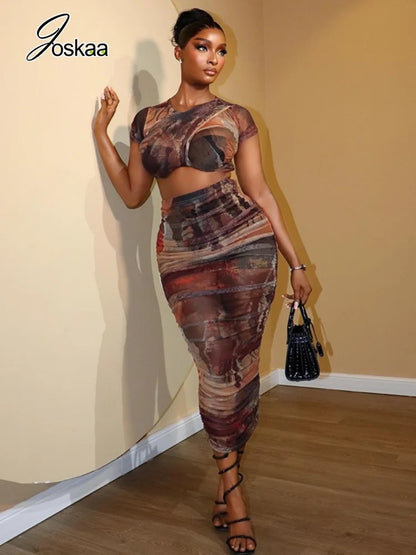 Women's Mesh Ruched Short Sleeve Two Piece Set Mixed – Front View