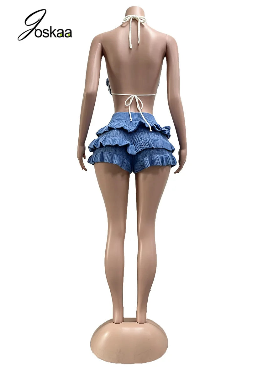 Women's Floral Print Knit Ribbed Swimwear Bikini Set Blue – Detail View