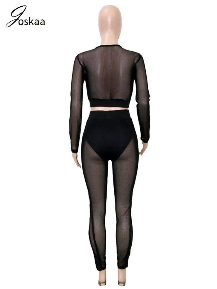 Women's Mesh Long Sleeve Crop Two Piece Set Black – Detail View
