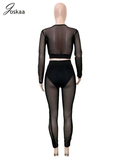 Women's Mesh Long Sleeve Crop Two Piece Set Black – Detail View