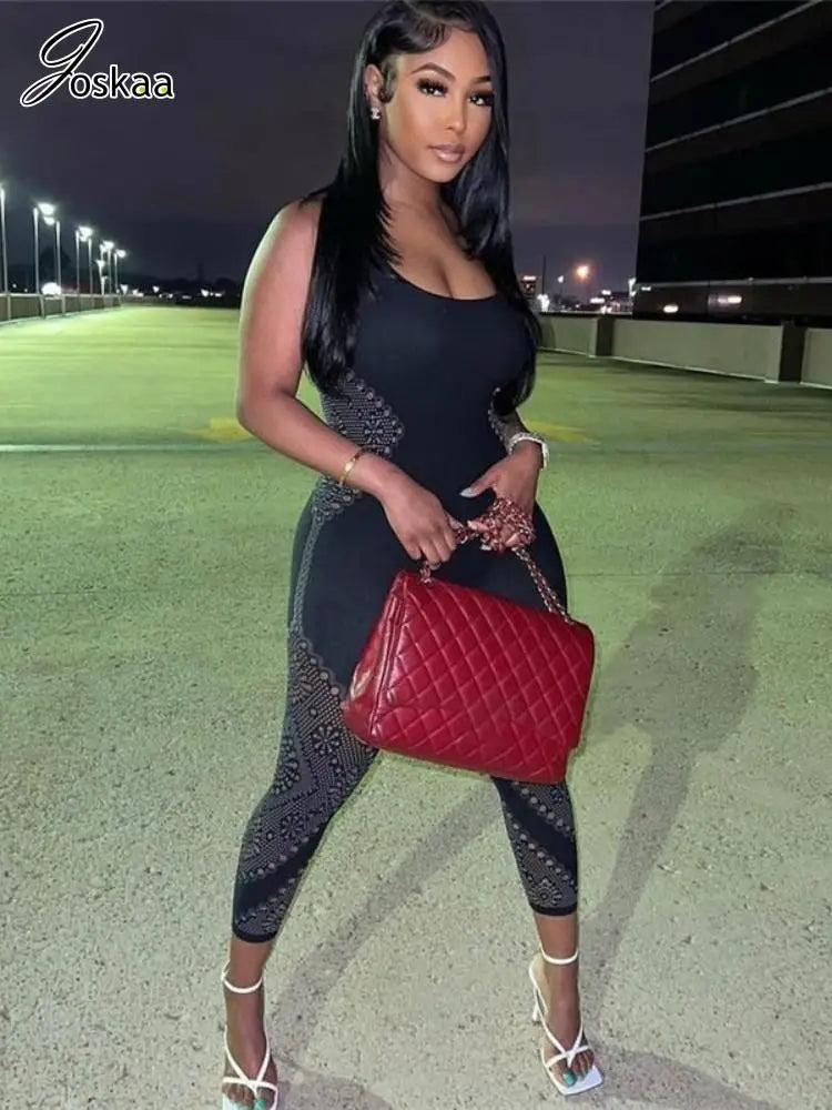 Women's Cutout Bodycon Jacquard Black Jumpsuit Romper Black – Front View