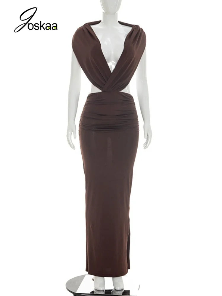 Women's Ruched Backless V-neck Bodycon Maxi Dress - Back View