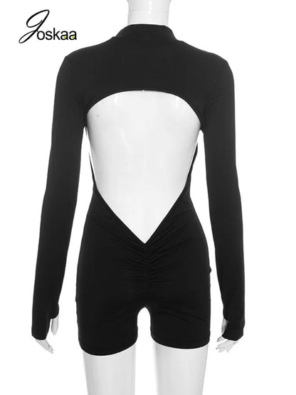 Women's Ruched Cutout Zip Up Long Sleeve Romper - Detail View