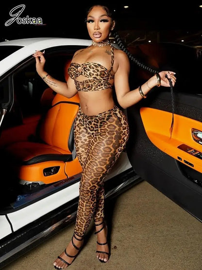 Women's Leopard Print Backless Halter Two Piece Set – Women's Fashion Wholesale – Front View