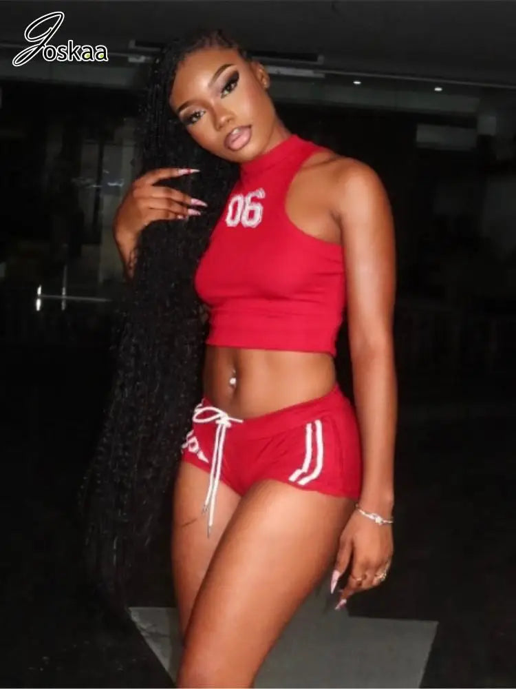 Women's Crop Number Sporty Two Piece Set Red – Side View