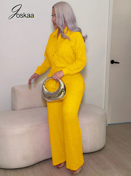 Women's Long Sleeve Wide Leg Two Piece Set - Front View