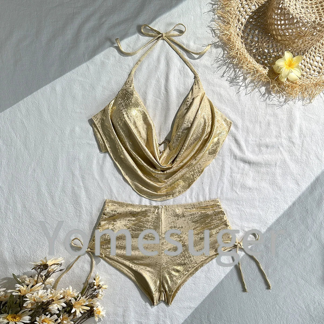 Women's Halter Swimwear Shiny Gold Swimsuit - Additional View 9