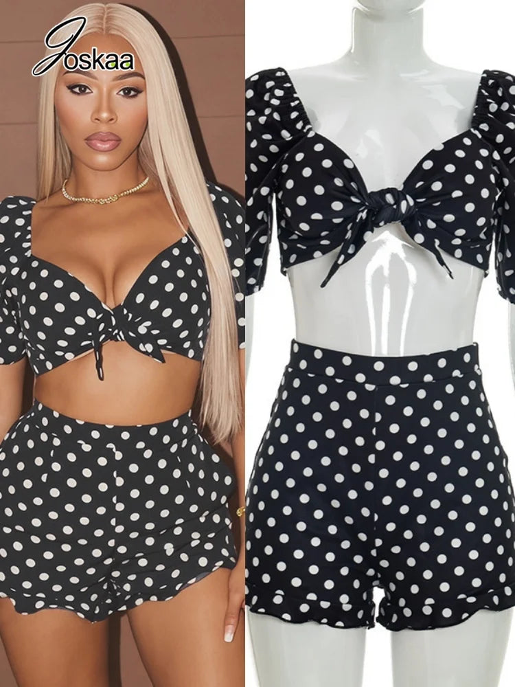Women's Polka Dot Short Sleeve Crop Two Piece Set – Women's Fashion Wholesale – Front View