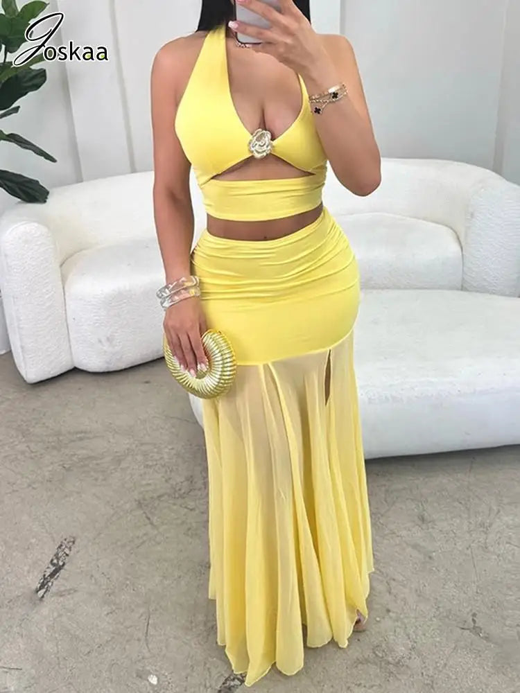 Women's Mesh Cutout Halter Two Piece Set Yellow – Side View