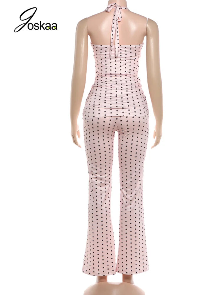 Women's Polka Dot Backless Halter Two Piece Set Pink – Detail View