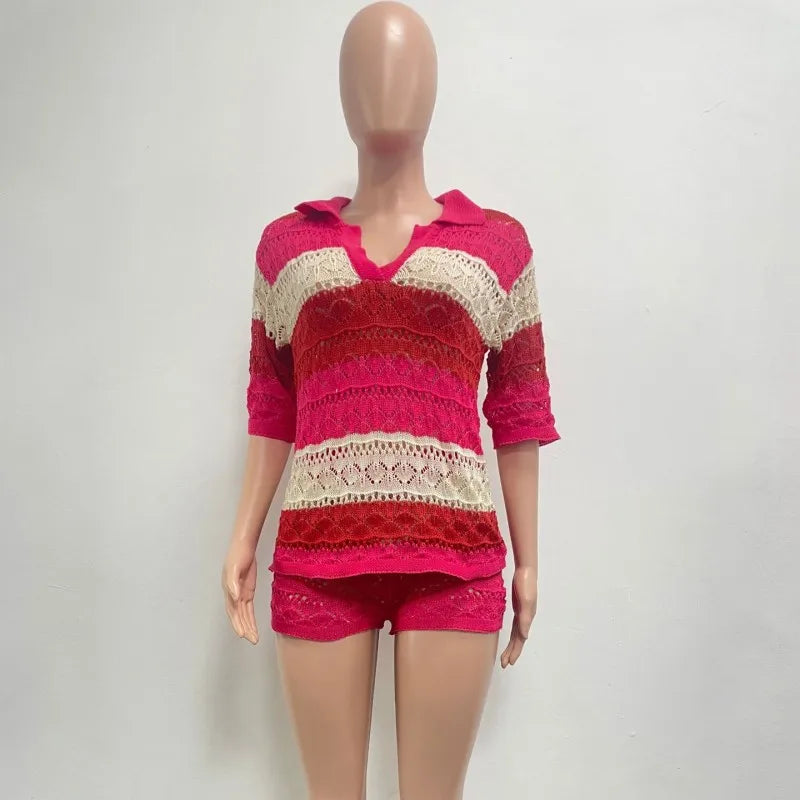 Women's Stripe Knit Short Sleeve Two Piece Set