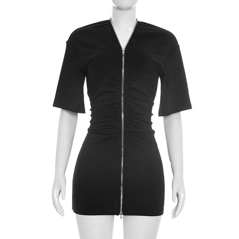 Women's Ruched V-neck Zip Up Bodycon Mini Dress - Detail View 8