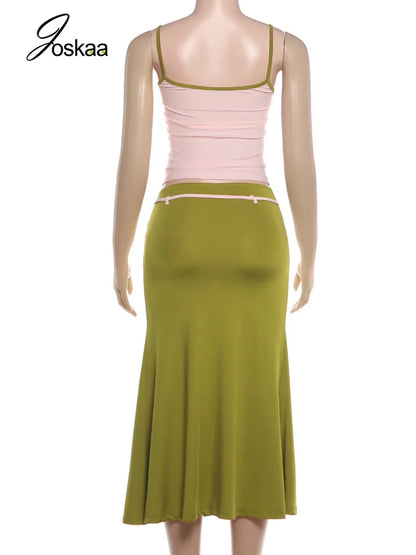 Women's Lace Backless Color Blocking Low-neck Two Piece Set Green – Detail View