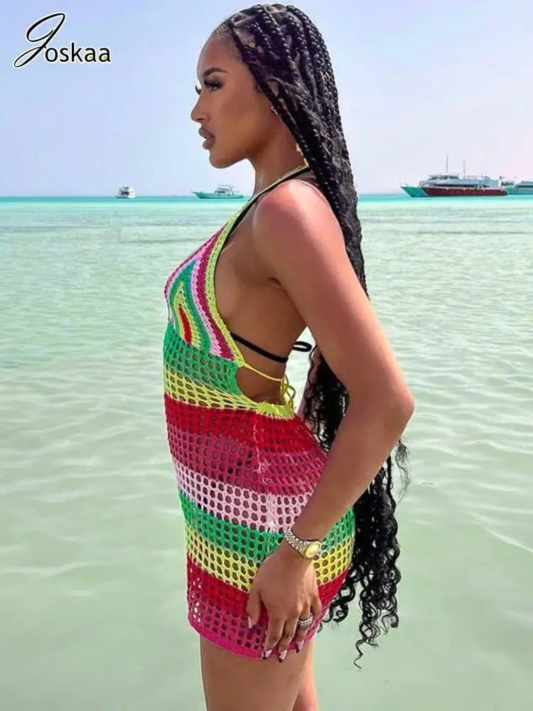 Women's Stripe Knit Backless Mini Bikini Set Colorful – Side View