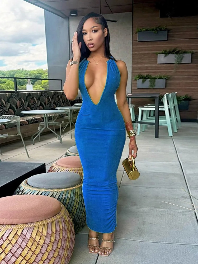 Women's Backless Halter Bodycon Maxi Dress